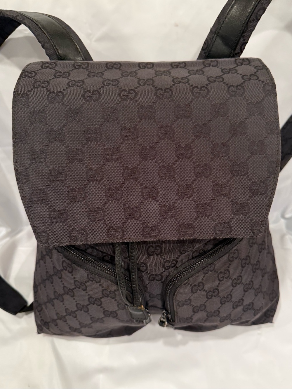Gucci Black GG Canvas Backpack with Front Zip Pockets